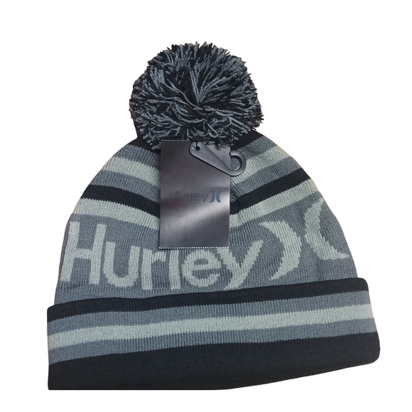 Hurley Ragland Black Gray Pom Beanie Knit Winter Hat Cuffed Acrylic One Size New - Picture 9 of 14